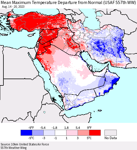Middle East and Turkey Mean Maximum Temperature Departure from Normal (USAF 557th WW) Thematic Map For 8/14/2023 - 8/20/2023