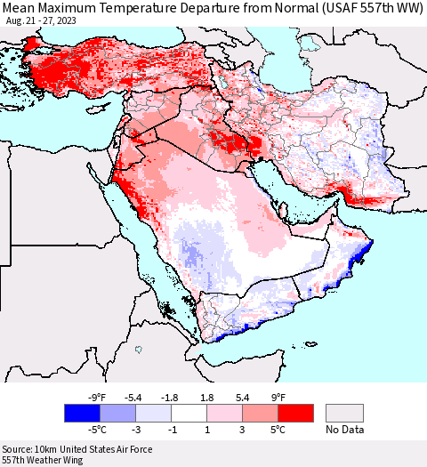 Middle East and Turkey Mean Maximum Temperature Departure from Normal (USAF 557th WW) Thematic Map For 8/21/2023 - 8/27/2023