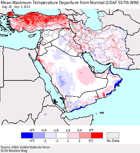 Middle East and Turkey Mean Maximum Temperature Departure from Normal (USAF 557th WW) Thematic Map For 8/28/2023 - 9/3/2023