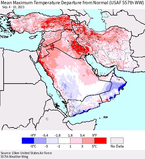 Middle East and Turkey Mean Maximum Temperature Departure from Normal (USAF 557th WW) Thematic Map For 9/4/2023 - 9/10/2023