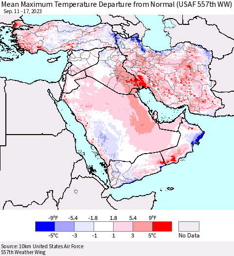 Middle East and Turkey Mean Maximum Temperature Departure from Normal (USAF 557th WW) Thematic Map For 9/11/2023 - 9/17/2023