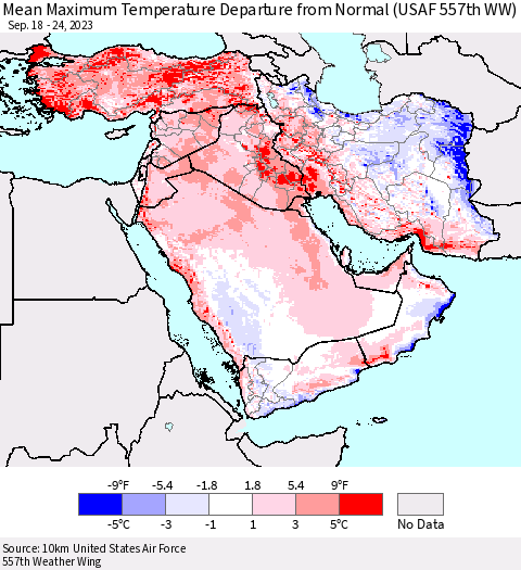Middle East and Turkey Mean Maximum Temperature Departure from Normal (USAF 557th WW) Thematic Map For 9/18/2023 - 9/24/2023