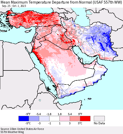 Middle East and Turkey Mean Maximum Temperature Departure from Normal (USAF 557th WW) Thematic Map For 9/25/2023 - 10/1/2023