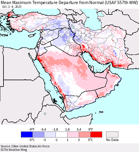 Middle East and Turkey Mean Maximum Temperature Departure from Normal (USAF 557th WW) Thematic Map For 10/2/2023 - 10/8/2023