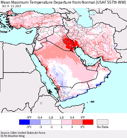 Middle East and Turkey Mean Maximum Temperature Departure from Normal (USAF 557th WW) Thematic Map For 10/9/2023 - 10/15/2023