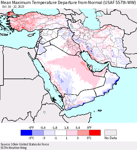 Middle East and Turkey Mean Maximum Temperature Departure from Normal (USAF 557th WW) Thematic Map For 10/16/2023 - 10/22/2023