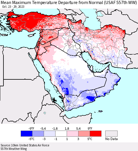 Middle East and Turkey Mean Maximum Temperature Departure from Normal (USAF 557th WW) Thematic Map For 10/23/2023 - 10/29/2023