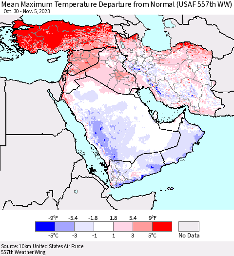 Middle East and Turkey Mean Maximum Temperature Departure from Normal (USAF 557th WW) Thematic Map For 10/30/2023 - 11/5/2023