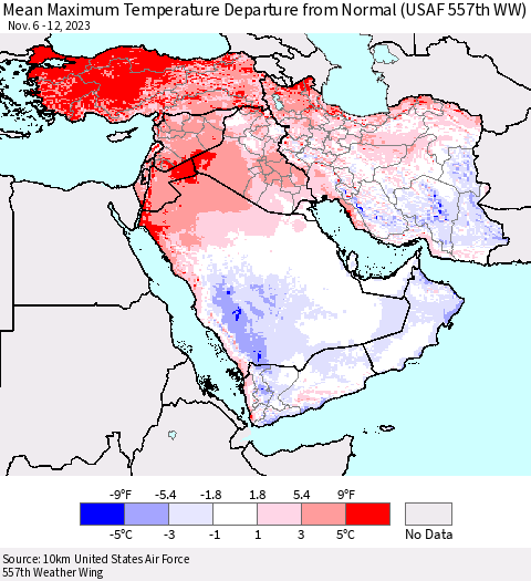 Middle East and Turkey Mean Maximum Temperature Departure from Normal (USAF 557th WW) Thematic Map For 11/6/2023 - 11/12/2023