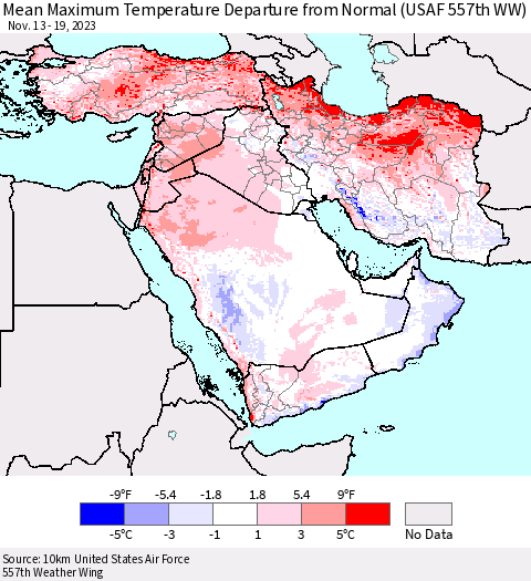Middle East and Turkey Mean Maximum Temperature Departure from Normal (USAF 557th WW) Thematic Map For 11/13/2023 - 11/19/2023