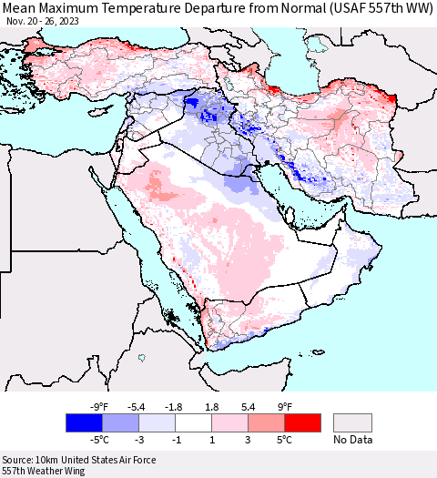 Middle East and Turkey Mean Maximum Temperature Departure from Normal (USAF 557th WW) Thematic Map For 11/20/2023 - 11/26/2023