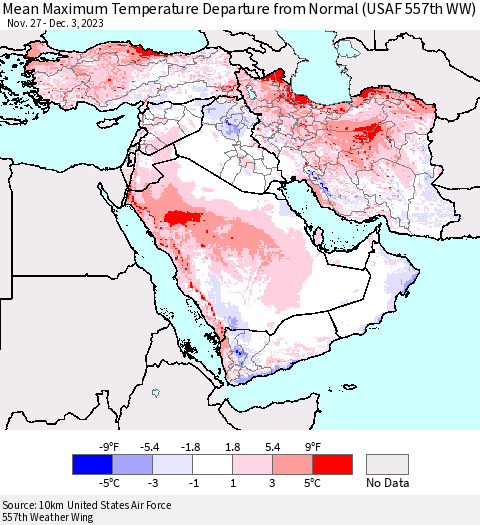Middle East and Turkey Mean Maximum Temperature Departure from Normal (USAF 557th WW) Thematic Map For 11/27/2023 - 12/3/2023