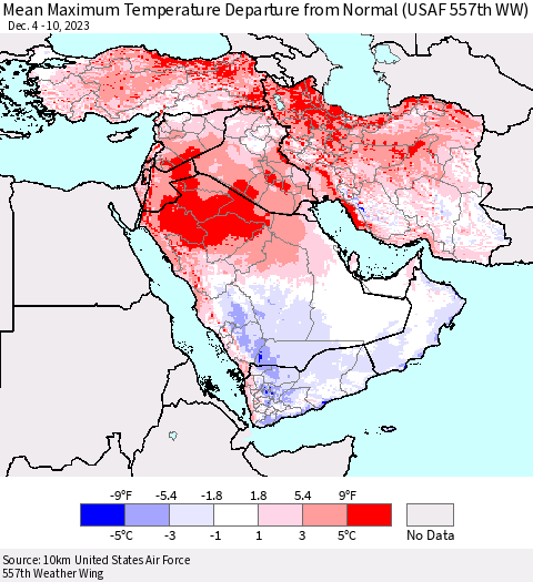 Middle East and Turkey Mean Maximum Temperature Departure from Normal (USAF 557th WW) Thematic Map For 12/4/2023 - 12/10/2023