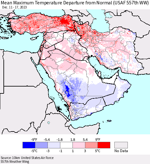 Middle East and Turkey Mean Maximum Temperature Departure from Normal (USAF 557th WW) Thematic Map For 12/11/2023 - 12/17/2023
