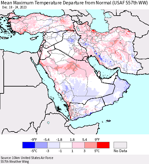Middle East and Turkey Mean Maximum Temperature Departure from Normal (USAF 557th WW) Thematic Map For 12/18/2023 - 12/24/2023