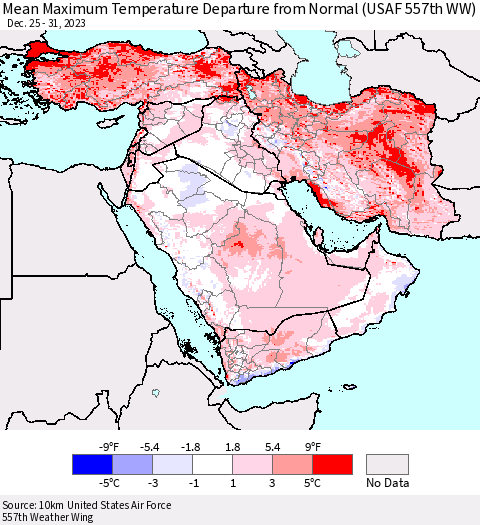 Middle East and Turkey Mean Maximum Temperature Departure from Normal (USAF 557th WW) Thematic Map For 12/25/2023 - 12/31/2023