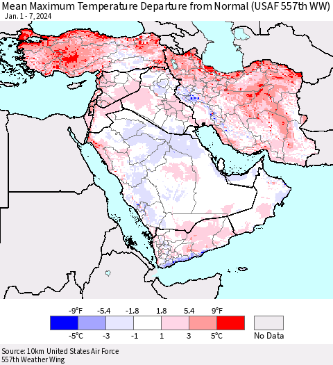 Middle East and Turkey Mean Maximum Temperature Departure from Normal (USAF 557th WW) Thematic Map For 1/1/2024 - 1/7/2024