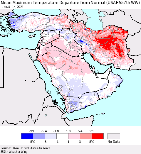 Middle East and Turkey Mean Maximum Temperature Departure from Normal (USAF 557th WW) Thematic Map For 1/8/2024 - 1/14/2024
