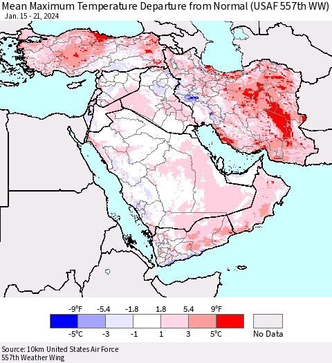 Middle East and Turkey Mean Maximum Temperature Departure from Normal (USAF 557th WW) Thematic Map For 1/15/2024 - 1/21/2024