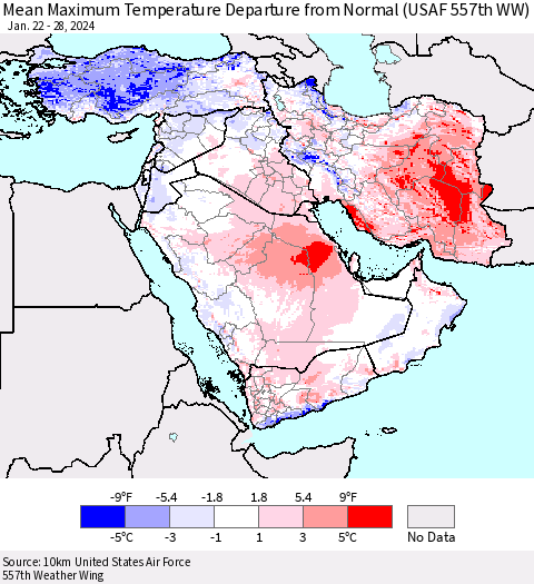 Middle East and Turkey Mean Maximum Temperature Departure from Normal (USAF 557th WW) Thematic Map For 1/22/2024 - 1/28/2024