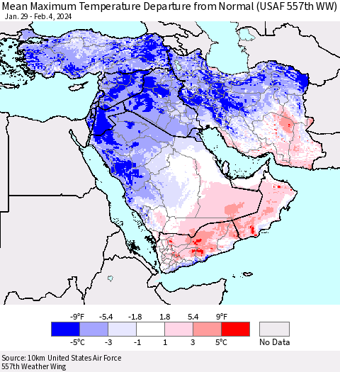 Middle East and Turkey Mean Maximum Temperature Departure from Normal (USAF 557th WW) Thematic Map For 1/29/2024 - 2/4/2024