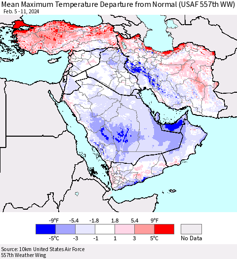 Middle East and Turkey Mean Maximum Temperature Departure from Normal (USAF 557th WW) Thematic Map For 2/5/2024 - 2/11/2024