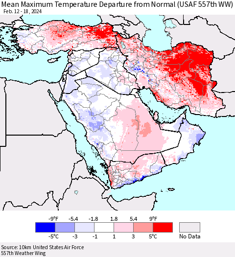 Middle East and Turkey Mean Maximum Temperature Departure from Normal (USAF 557th WW) Thematic Map For 2/12/2024 - 2/18/2024