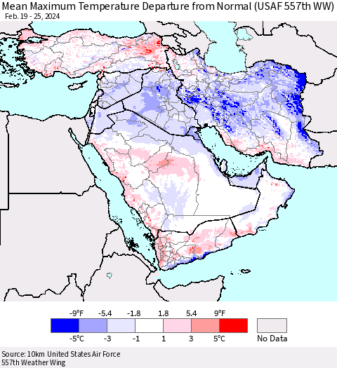 Middle East and Turkey Mean Maximum Temperature Departure from Normal (USAF 557th WW) Thematic Map For 2/19/2024 - 2/25/2024