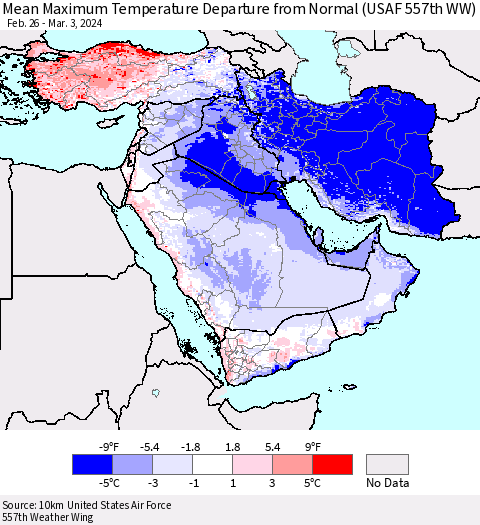 Middle East and Turkey Mean Maximum Temperature Departure from Normal (USAF 557th WW) Thematic Map For 2/26/2024 - 3/3/2024