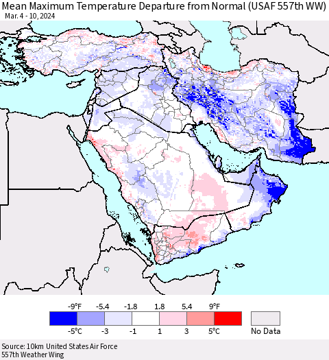 Middle East and Turkey Mean Maximum Temperature Departure from Normal (USAF 557th WW) Thematic Map For 3/4/2024 - 3/10/2024