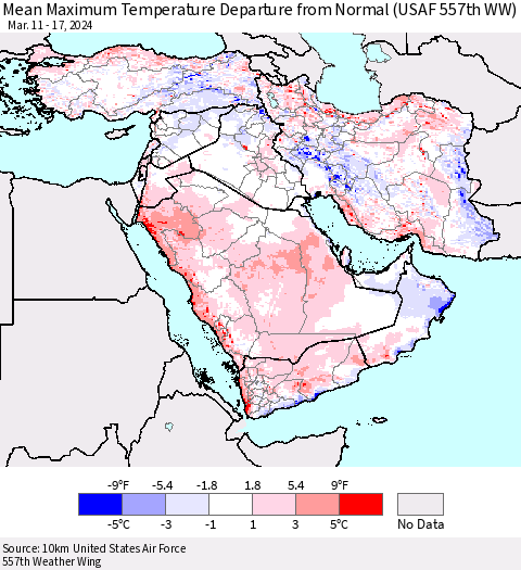 Middle East and Turkey Mean Maximum Temperature Departure from Normal (USAF 557th WW) Thematic Map For 3/11/2024 - 3/17/2024