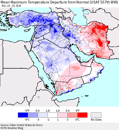 Middle East and Turkey Mean Maximum Temperature Departure from Normal (USAF 557th WW) Thematic Map For 3/18/2024 - 3/24/2024
