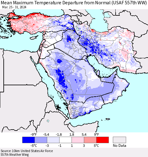 Middle East and Turkey Mean Maximum Temperature Departure from Normal (USAF 557th WW) Thematic Map For 3/25/2024 - 3/31/2024