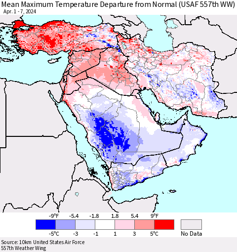 Middle East and Turkey Mean Maximum Temperature Departure from Normal (USAF 557th WW) Thematic Map For 4/1/2024 - 4/7/2024