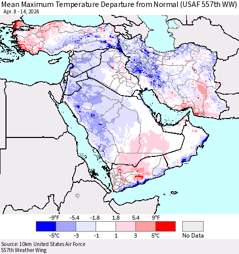 Middle East and Turkey Mean Maximum Temperature Departure from Normal (USAF 557th WW) Thematic Map For 4/8/2024 - 4/14/2024