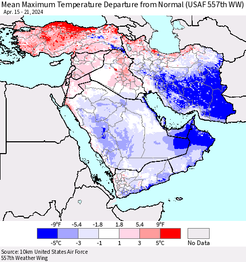 Middle East and Turkey Mean Maximum Temperature Departure from Normal (USAF 557th WW) Thematic Map For 4/15/2024 - 4/21/2024