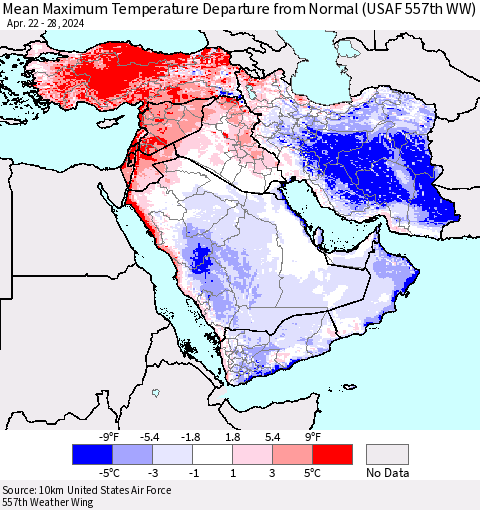 Middle East and Turkey Mean Maximum Temperature Departure from Normal (USAF 557th WW) Thematic Map For 4/22/2024 - 4/28/2024