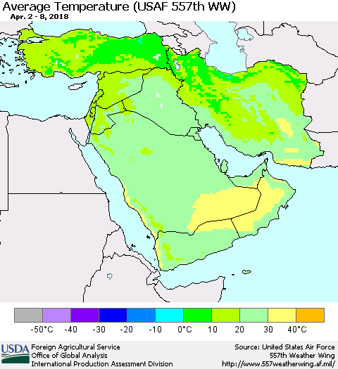 Middle East and Turkey Average Temperature (USAF 557th WW) Thematic Map For 4/2/2018 - 4/8/2018