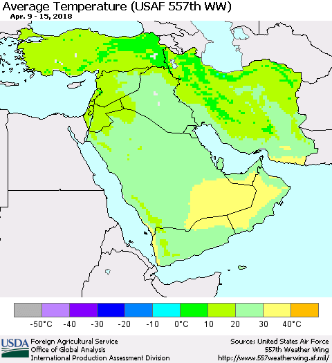 Middle East and Turkey Average Temperature (USAF 557th WW) Thematic Map For 4/9/2018 - 4/15/2018