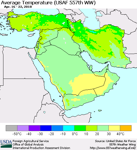 Middle East and Turkey Average Temperature (USAF 557th WW) Thematic Map For 4/16/2018 - 4/22/2018