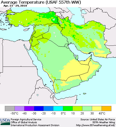 Middle East and Turkey Average Temperature (USAF 557th WW) Thematic Map For 4/23/2018 - 4/29/2018