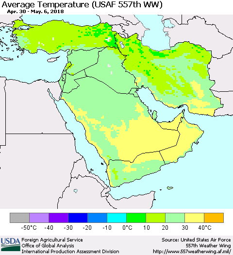 Middle East and Turkey Average Temperature (USAF 557th WW) Thematic Map For 4/30/2018 - 5/6/2018