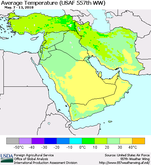 Middle East and Turkey Average Temperature (USAF 557th WW) Thematic Map For 5/7/2018 - 5/13/2018