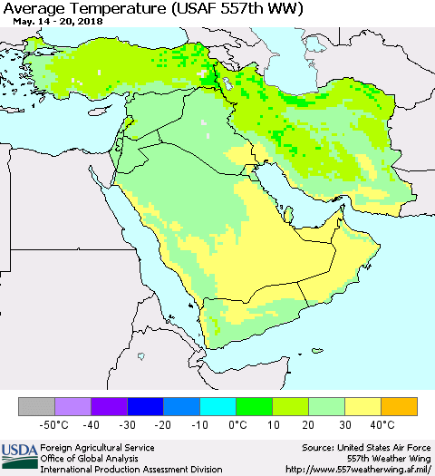 Middle East and Turkey Average Temperature (USAF 557th WW) Thematic Map For 5/14/2018 - 5/20/2018