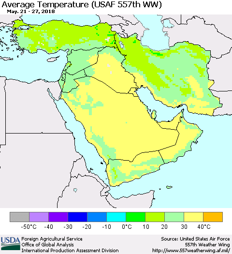 Middle East and Turkey Average Temperature (USAF 557th WW) Thematic Map For 5/21/2018 - 5/27/2018