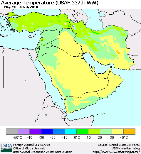 Middle East and Turkey Average Temperature (USAF 557th WW) Thematic Map For 5/28/2018 - 6/3/2018