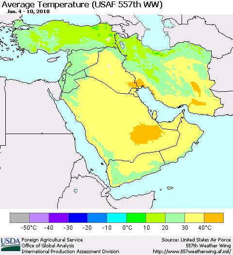 Middle East and Turkey Average Temperature (USAF 557th WW) Thematic Map For 6/4/2018 - 6/10/2018