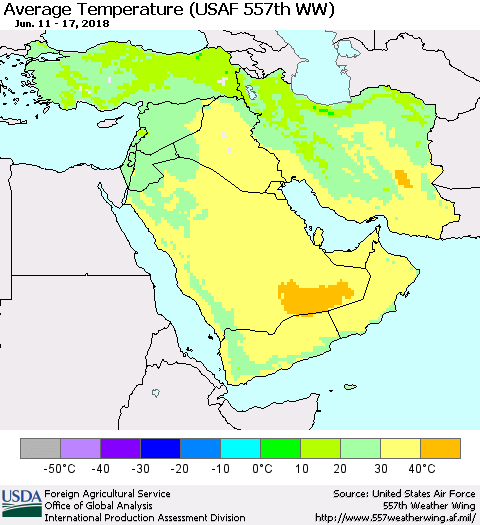 Middle East and Turkey Average Temperature (USAF 557th WW) Thematic Map For 6/11/2018 - 6/17/2018
