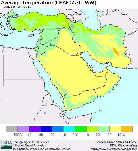 Middle East and Turkey Average Temperature (USAF 557th WW) Thematic Map For 6/18/2018 - 6/24/2018