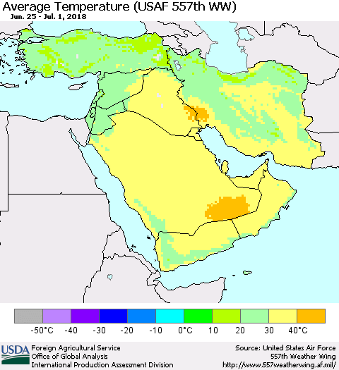 Middle East and Turkey Average Temperature (USAF 557th WW) Thematic Map For 6/25/2018 - 7/1/2018